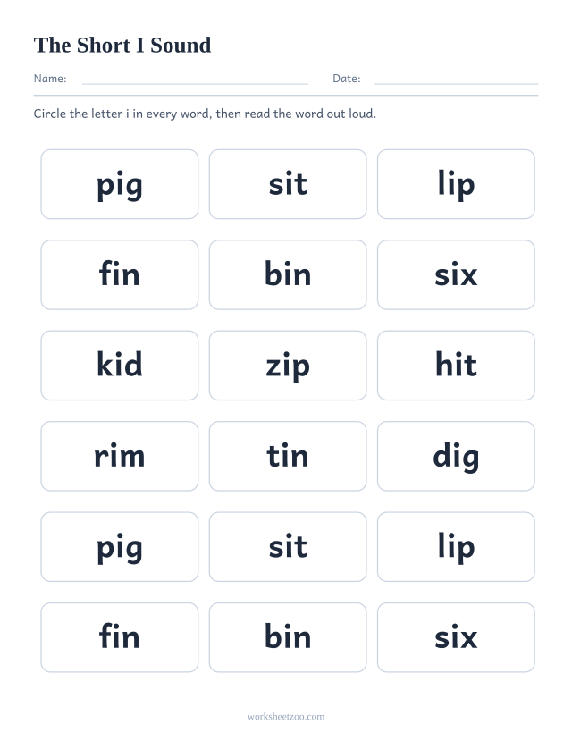 Short I vowel worksheet, eighteen words containing the letter i to find and circle