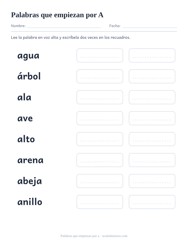 Ficha de palabras que empiezan por la vocal a: agua, árbol, ala, ave y cuatro más con recuadros