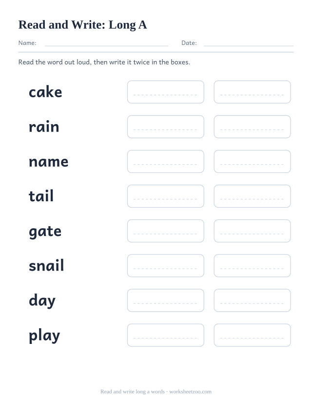 Long a read and write worksheet with cake, rain, name, tail and four more words plus copy boxes