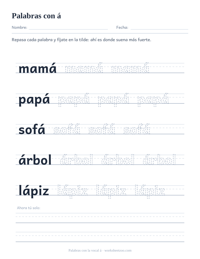 Ficha de palabras con tilde en la a para repasar mamá, papá, sofá, árbol, lápiz sobre pauta