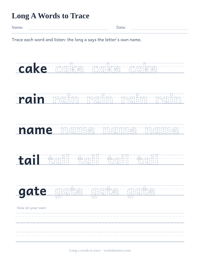 Long a vowel worksheet, tracing cake, rain, name, tail, gate on handwriting guides