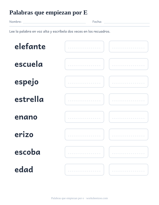 Ficha de palabras que empiezan por la vocal e: elefante, escuela, espejo, estrella y cuatro más con recuadros