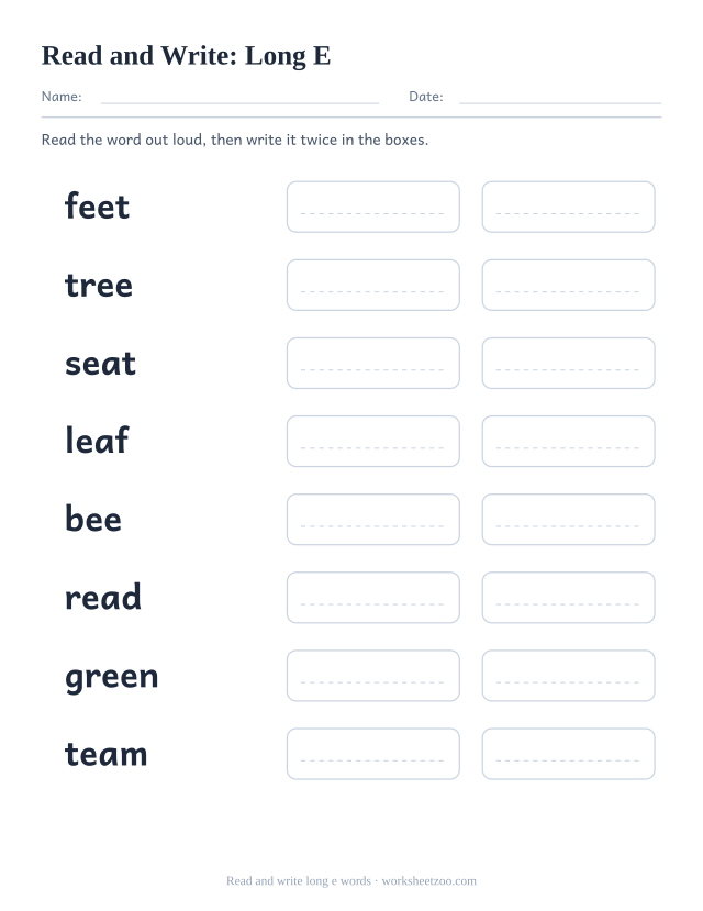 Long e read and write worksheet with feet, tree, seat, leaf and four more words plus copy boxes