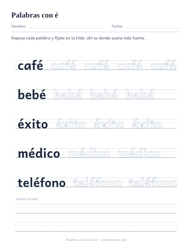 Ficha de palabras con tilde en la e para repasar café, bebé, éxito, médico, teléfono sobre pauta