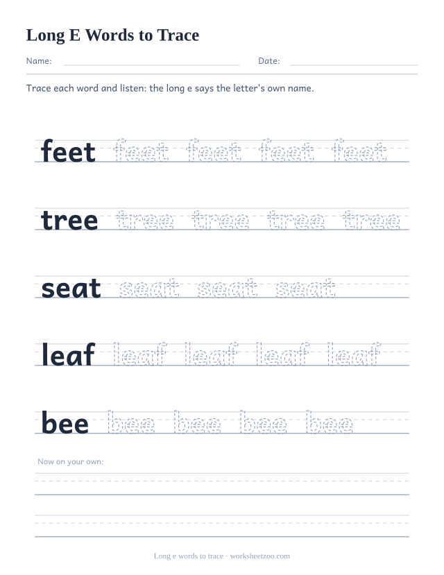 Long e vowel worksheet, tracing feet, tree, seat, leaf, bee on handwriting guides