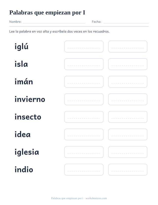Ficha de palabras que empiezan por la vocal i: iglú, isla, imán, invierno y cuatro más con recuadros