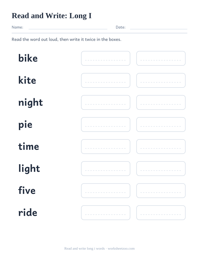 Long i read and write worksheet with bike, kite, night, pie and four more words plus copy boxes