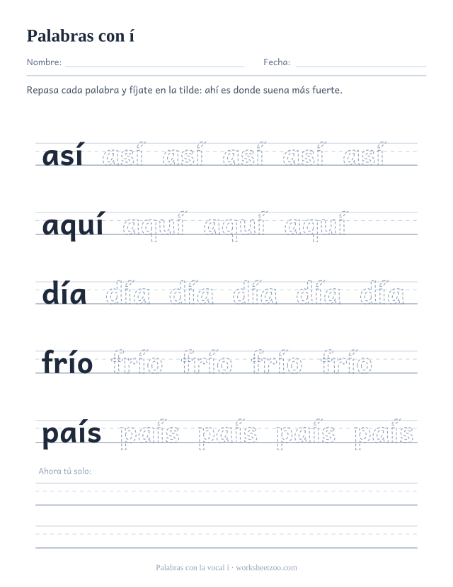 Ficha de palabras con tilde en la i para repasar así, aquí, día, frío, país sobre pauta