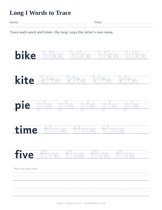 Long i vowel worksheet, tracing bike, kite, pie, time, five on handwriting guides