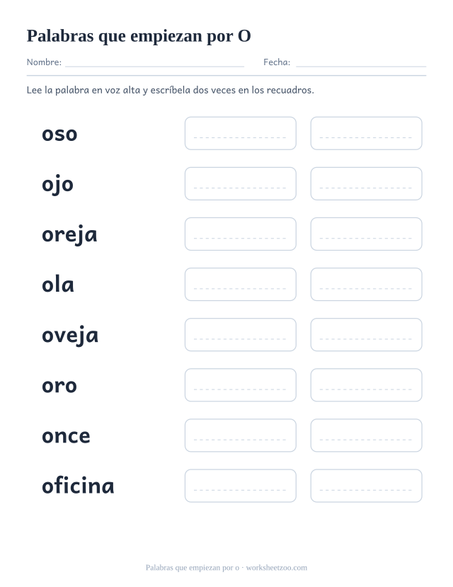 Ficha de palabras que empiezan por la vocal o: oso, ojo, oreja, ola y cuatro más con recuadros