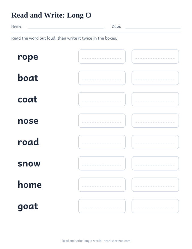 Long o read and write worksheet with rope, boat, coat, nose and four more words plus copy boxes
