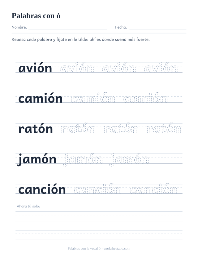 Ficha de palabras con tilde en la o para repasar avión, camión, ratón, jamón, canción sobre pauta