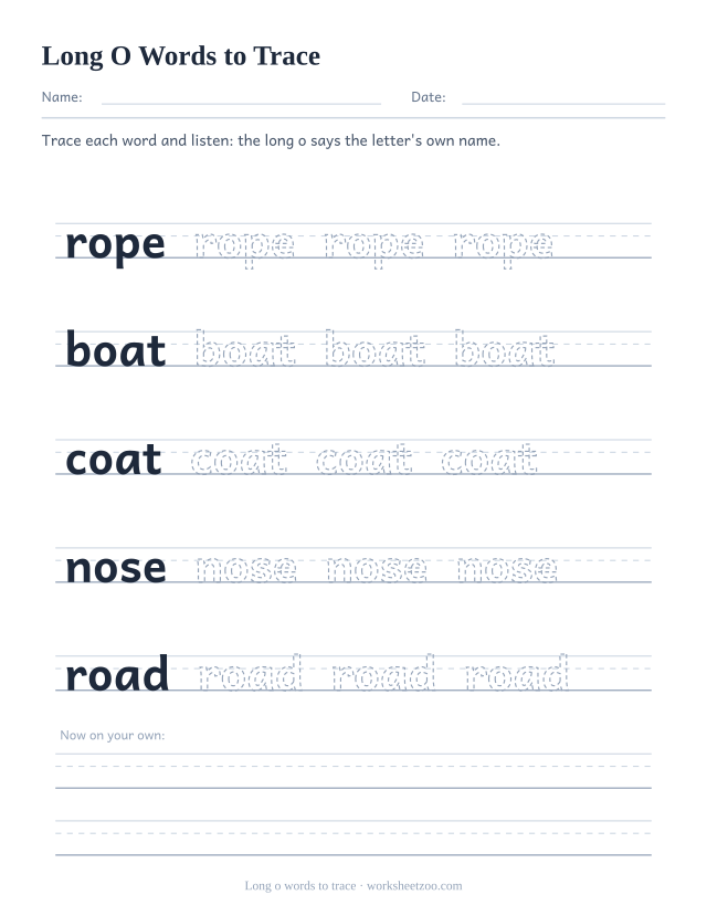 Long o vowel worksheet, tracing rope, boat, coat, nose, road on handwriting guides