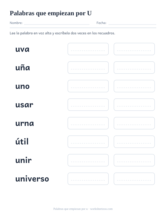 Ficha de palabras que empiezan por la vocal u: uva, uña, uno, usar y cuatro más con recuadros