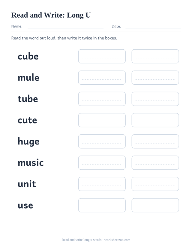 Long u read and write worksheet with cube, mule, tube, cute and four more words plus copy boxes