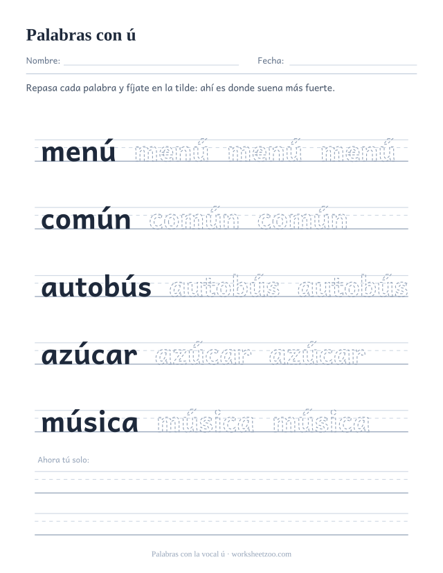 Ficha de palabras con tilde en la u para repasar menú, común, autobús, azúcar, música sobre pauta