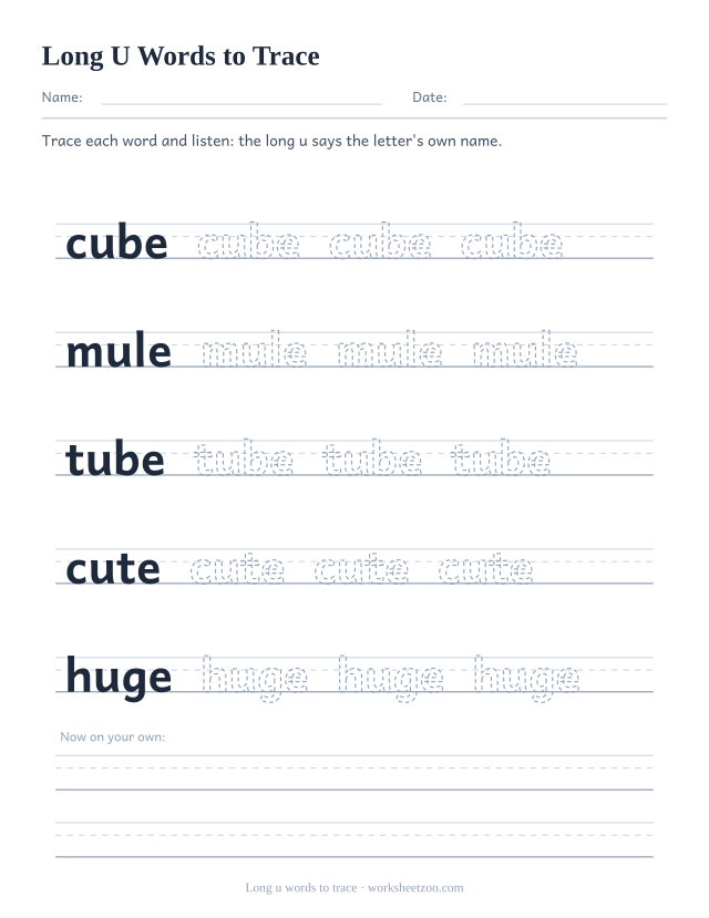 Long u vowel worksheet, tracing cube, mule, tube, cute, huge on handwriting guides