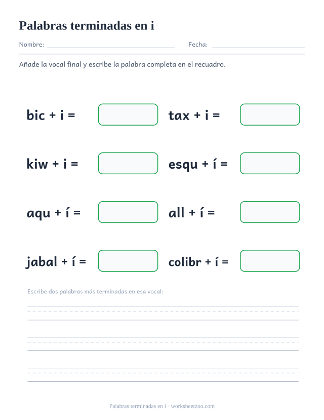 Ficha de palabras terminadas en i para completar bici, taxi, kiwi, esquí, aquí, allí, jabalí, colibrí