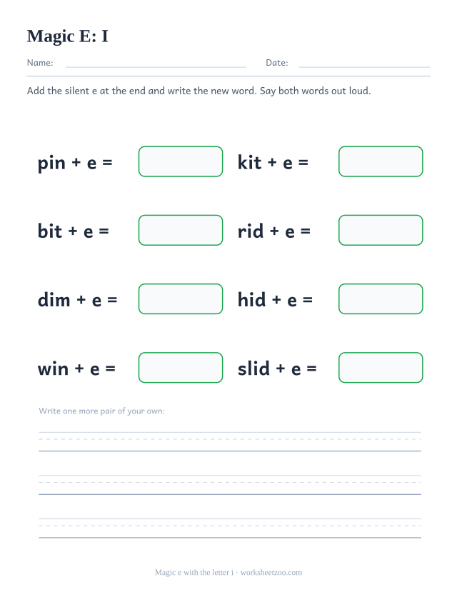 Magic e worksheet for the letter i, adding a silent e to build pine, kite, bite, ride, dime, hide, wine, slide