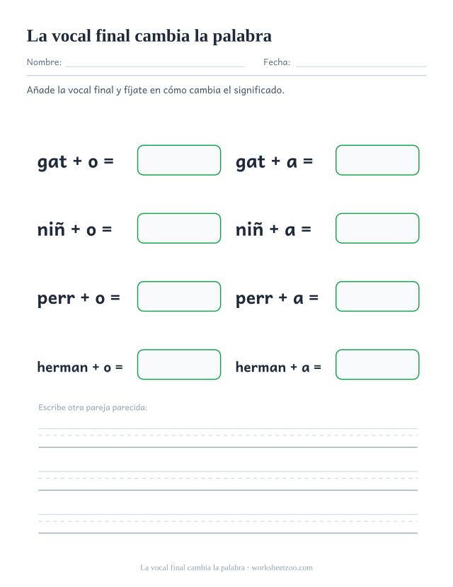 Ficha con parejas como gato y gata o niño y niña para ver cómo la vocal final cambia el significado