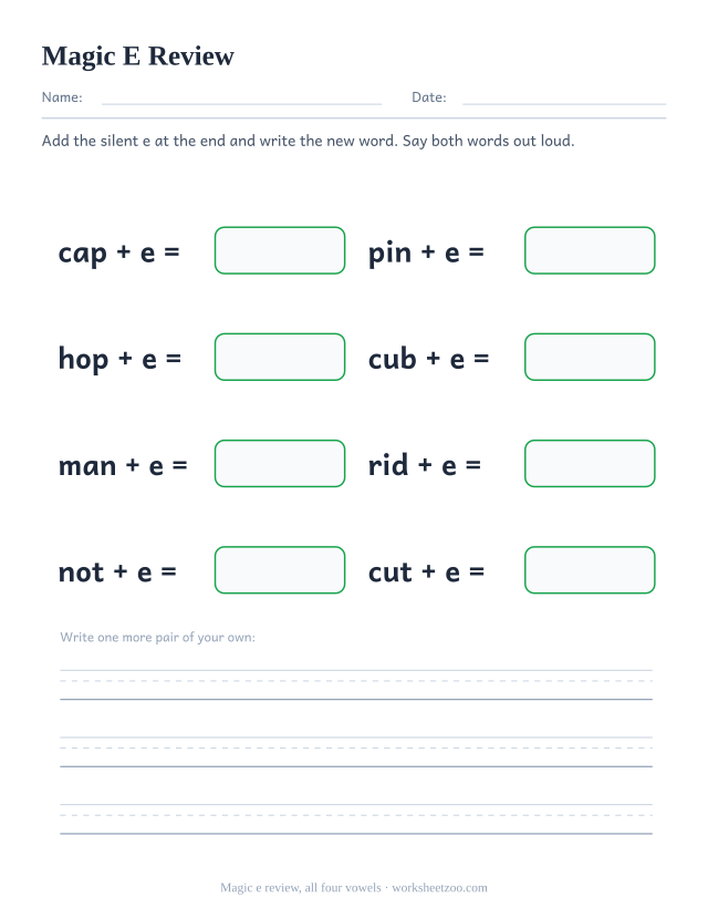 Magic e review worksheet mixing cap, pin, hop and cub so the child cannot predict which vowel is coming