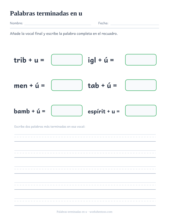 Ficha de palabras terminadas en u para completar tribu, iglú, menú, tabú, bambú, espíritu