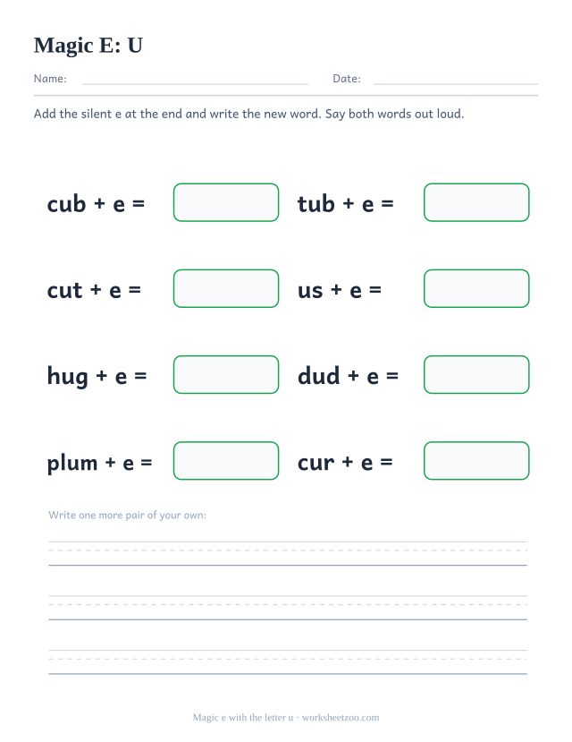 Magic e worksheet for the letter u, adding a silent e to build cube, tube, cute, use, huge, dude, plume, cure