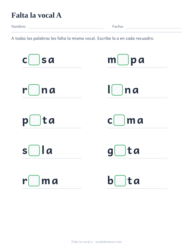 Ficha de la vocal a que falta en diez palabras como casa, mapa, rana