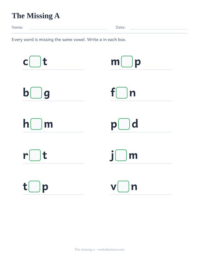 Missing a worksheet, ten words such as cat, map, bag each with the letter a replaced by a box