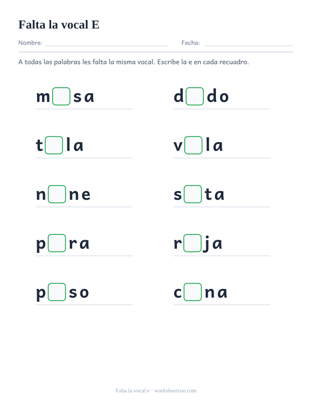 Ficha de la vocal e que falta en diez palabras como mesa, dedo, tela