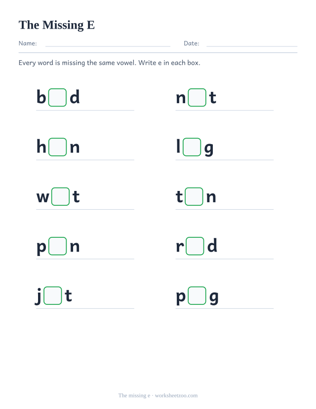 Missing e worksheet, ten words such as bed, net, hen each with the letter e replaced by a box