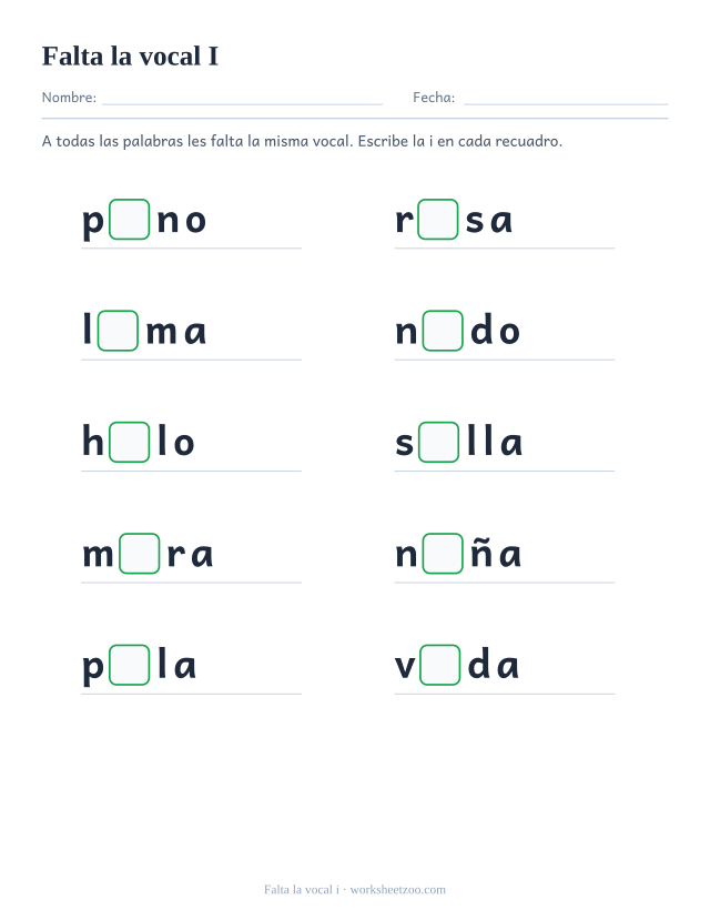 Ficha de la vocal i que falta en diez palabras como pino, risa, lima
