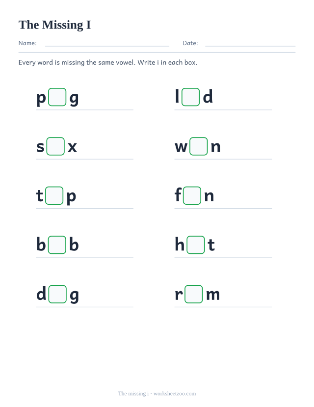 Missing i worksheet, ten words such as pig, lid, six each with the letter i replaced by a box