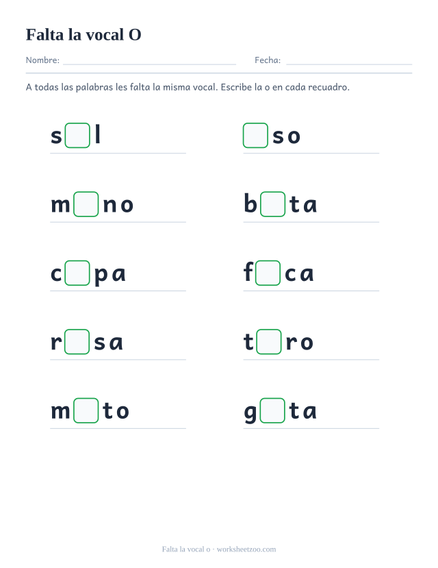 Ficha de la vocal o que falta en diez palabras como sol, oso, mono