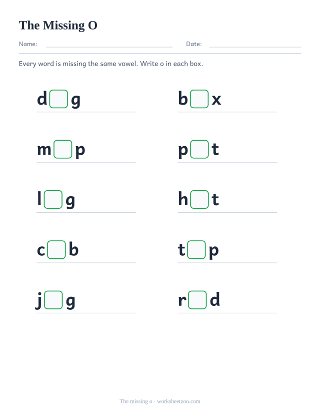 Missing o worksheet, ten words such as dog, box, mop each with the letter o replaced by a box