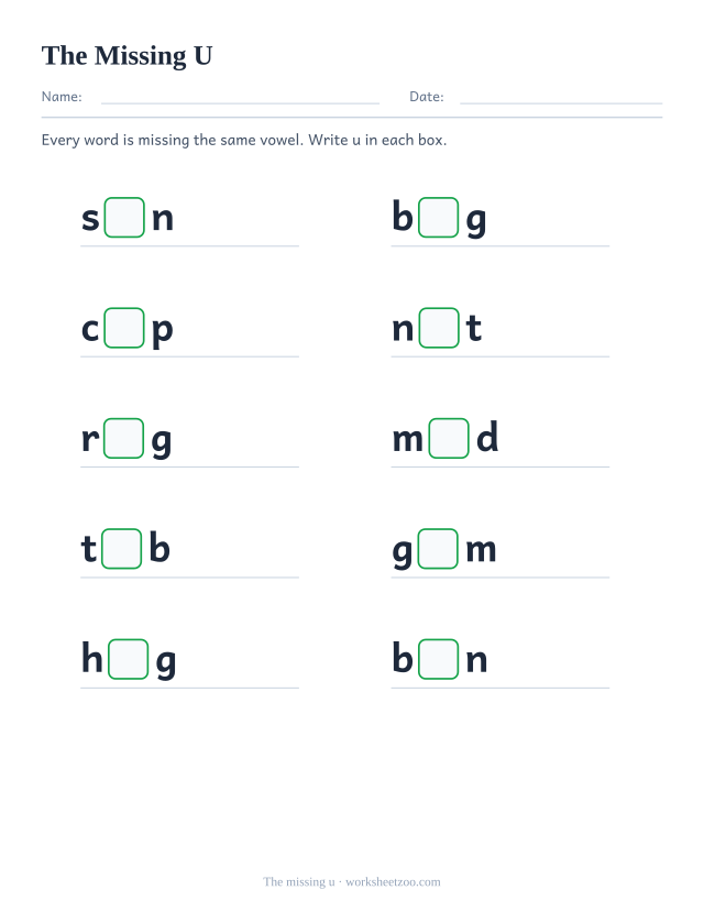 Missing u worksheet, ten words such as sun, bug, cup each with the letter u replaced by a box