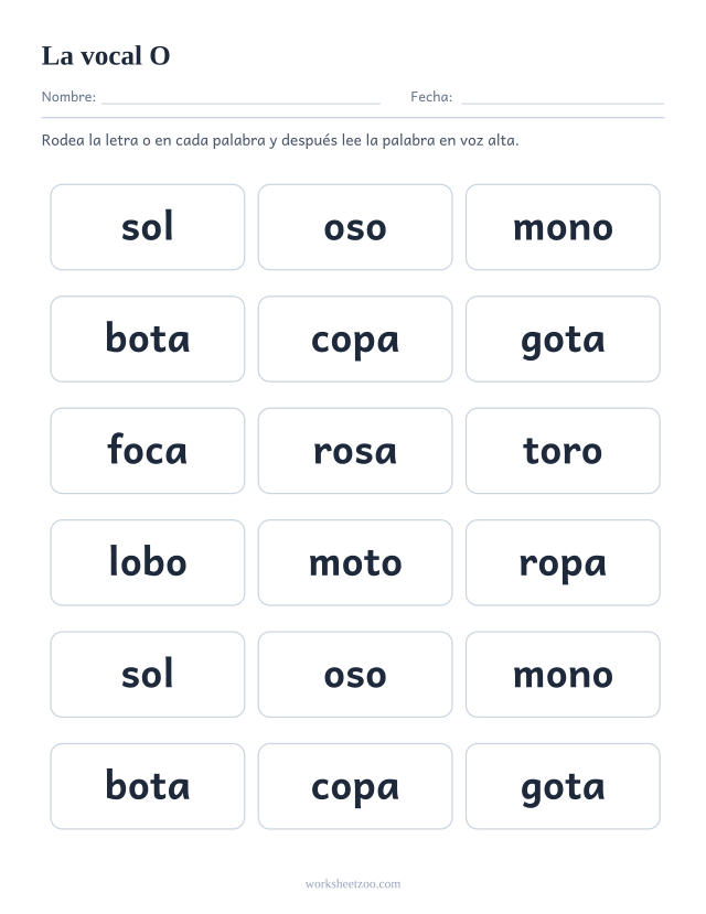 Ficha de la vocal O, dieciocho palabras con la letra o para buscarla y rodearla