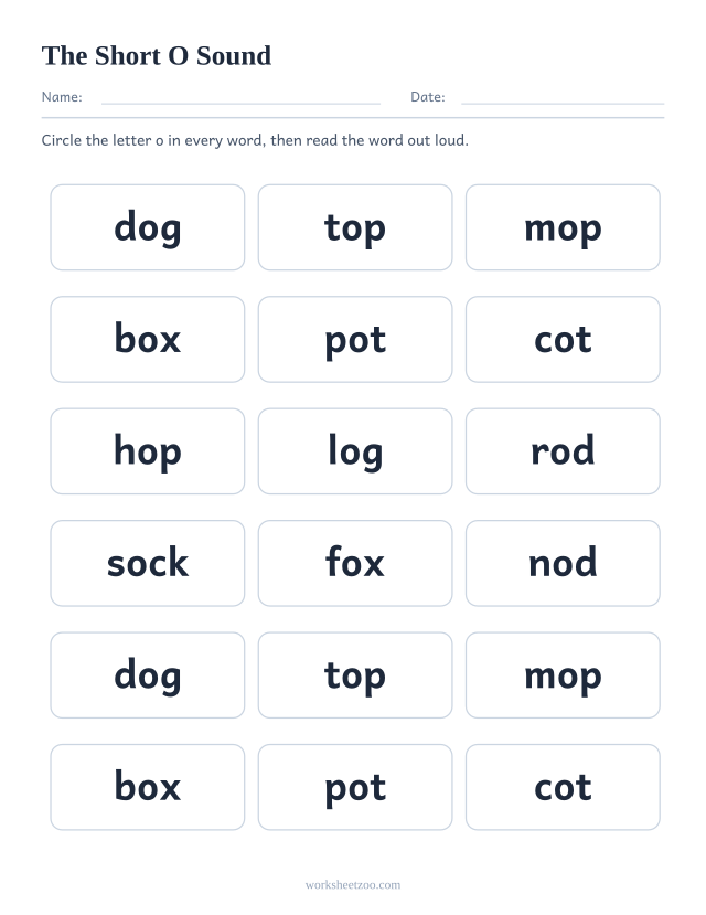 Short O vowel worksheet, eighteen words containing the letter o to find and circle