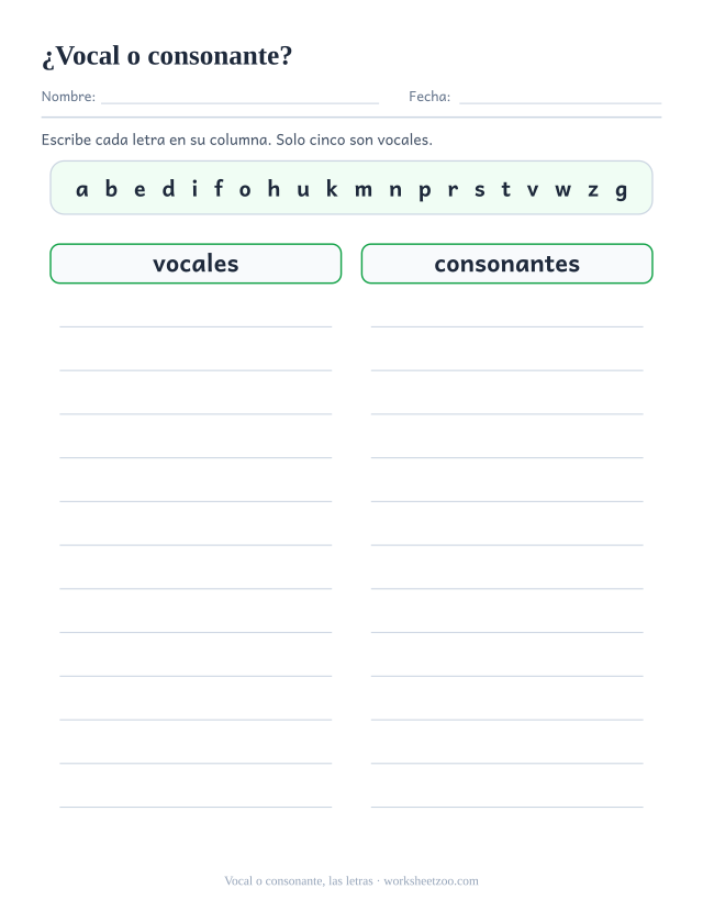 Ficha para clasificar veinte letras sueltas en la columna de vocales y la de consonantes