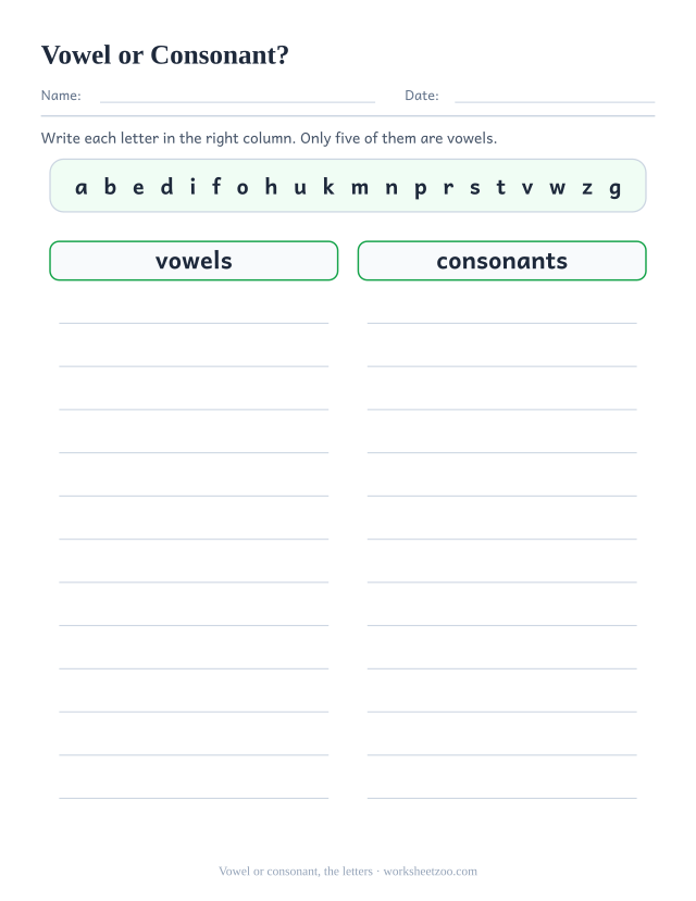 Vowel or consonant worksheet, twenty single letters to sort into a vowel column and a consonant column