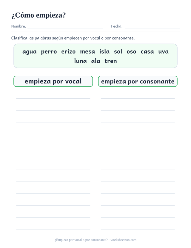 Ficha para clasificar doce palabras según empiecen por vocal o por consonante