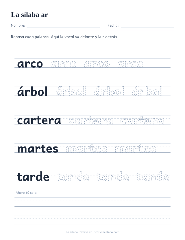 Ficha de la sílaba inversa ar para repasar arco, árbol, cartera, martes, tarde sobre pauta