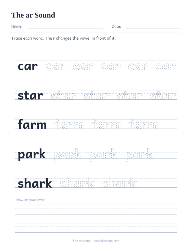 ar r-controlled vowel worksheet, tracing car, star, farm, park, shark on guide lines