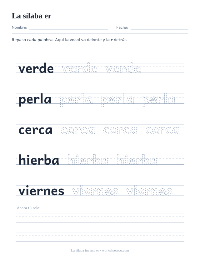 Ficha de la sílaba inversa er para repasar verde, perla, cerca, hierba, viernes sobre pauta
