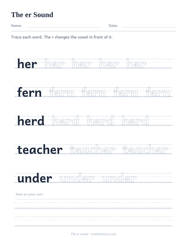 er r-controlled vowel worksheet, tracing her, fern, herd, teacher, under on guide lines