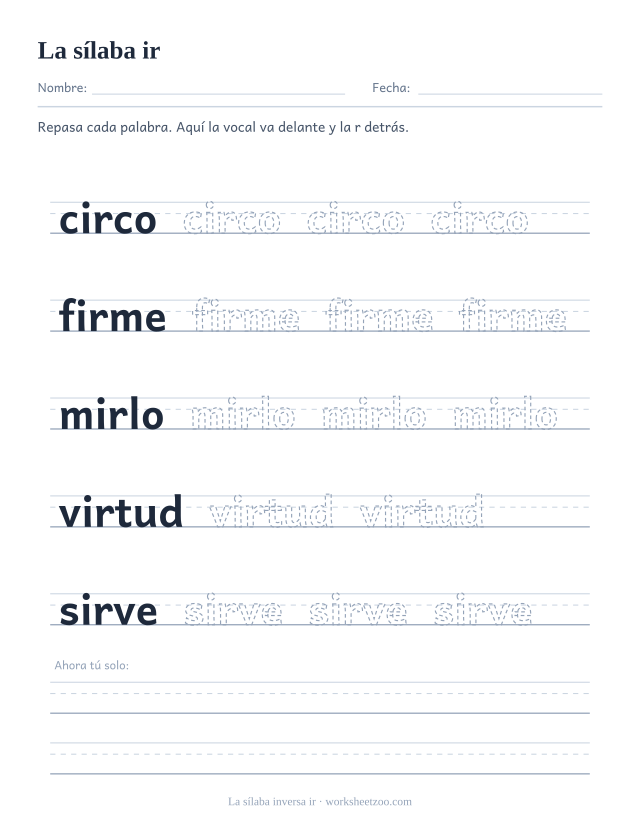 Ficha de la sílaba inversa ir para repasar circo, firme, mirlo, virtud, sirve sobre pauta