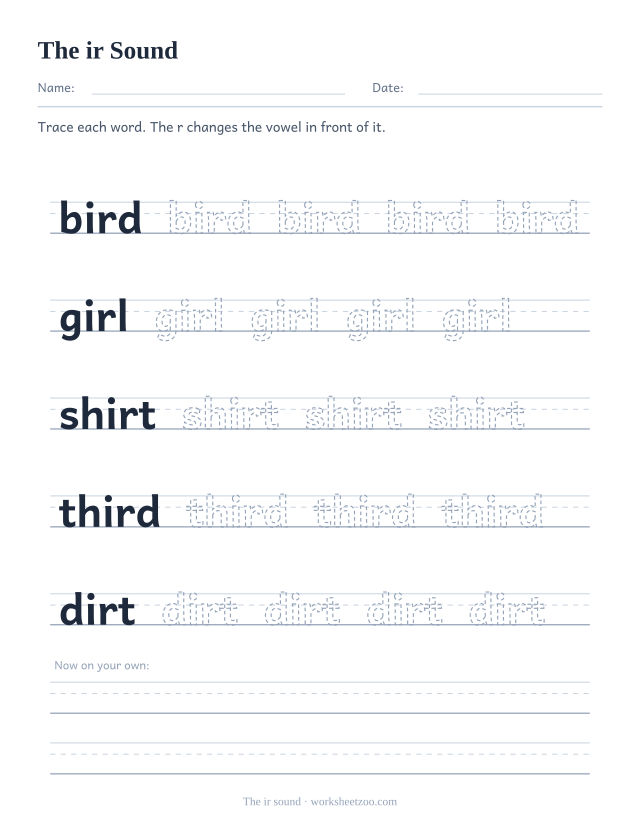 ir r-controlled vowel worksheet, tracing bird, girl, shirt, third, dirt on guide lines