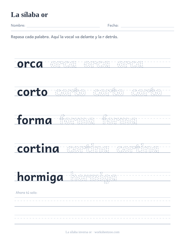 Ficha de la sílaba inversa or para repasar orca, corto, forma, cortina, hormiga sobre pauta