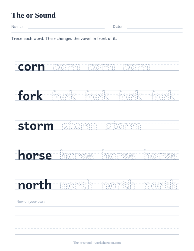 or r-controlled vowel worksheet, tracing corn, fork, storm, horse, north on guide lines