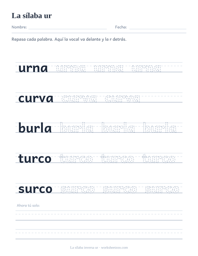 Ficha de la sílaba inversa ur para repasar urna, curva, burla, turco, surco sobre pauta
